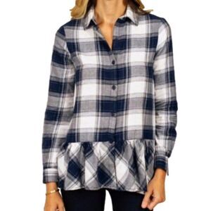 BeachLunchLounge Blue Plaid Flannel Cotton Peplum Long Sleeve Top Small